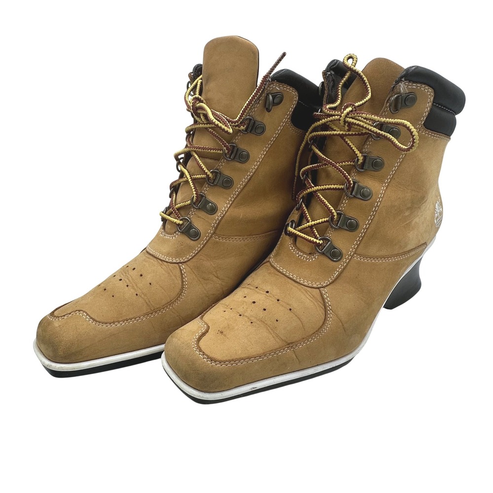 Timberland 19345 Womens Wheat Leather Lace Up Wedge Ankle Boots Square Toe 8M - Picture 9 of 13